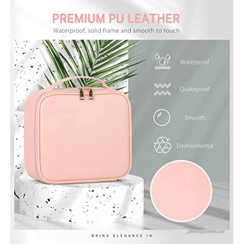 Syntus Travel Makeup Bag with Mirror PU Leather Portable Train Cosmetic Case Organizer with Adjustable Dividers Large Capacity for Cosmetic Makeup Brushes Toiletry Jewelry Digital Accessories Pink
