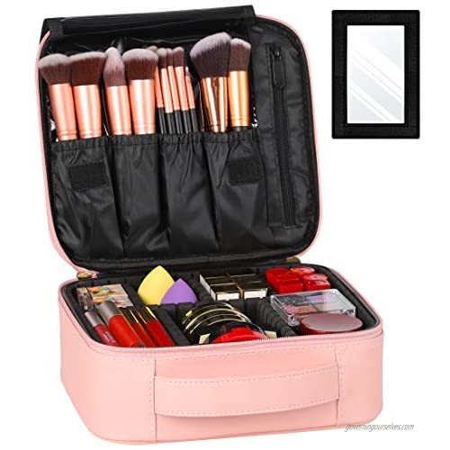 Syntus Travel Makeup Bag with Mirror  PU Leather Portable Train Cosmetic Case Organizer with Adjustable Dividers Large Capacity for Cosmetic Makeup Brushes Toiletry Jewelry Digital Accessories  Pink