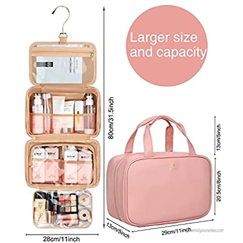 Toiletry Bag Relavel Travel Hanging Toiletry Bag for Men and Women Leather Water-resistant Makeup Cosmetic Bag Travel Organizer for Toiletries Shampoo Full Sized Container Travel Bag Pink