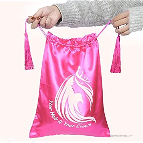 Wig Bags Satin Packaging Bags for Bundles Hair Extensions Tools 3 Pieces Hair Storage Bags and Travel Bags with Tassel Gift (Red 3 Bags)