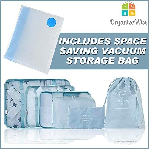 Packing Cubes Suitcase Organizer - 7 Piece | 6 Cubes + Space Saving Vacuum Storage Bag - Convenient and Organized Packing of Clothes Toiletries and Travel Essentials in Luggage | Compact Foldable Bag