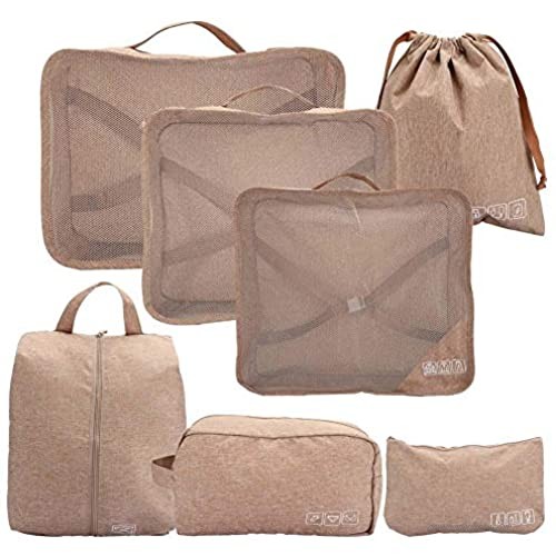 Travel Storage Bag Luggage Organizer Pouch  7Pcs Clothing Sorting Packages Set Packing Travel Organizer Cubes  Cation-Ion Fabric Multifunctional Travel Organizer Cubes (Khaki)