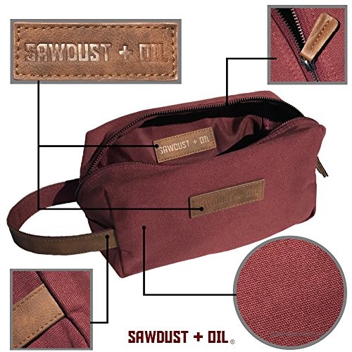 Canvas Travel Toiletry Organizer Shaving Dopp Kit by Sawdust + Oil 9-inch Cosmetic Makeup Bag Shaving Kit Dopp Bag for Men or Women Travel Kit Weekender Tote Groomsmen Gift Fathers Day (Maroon Red)