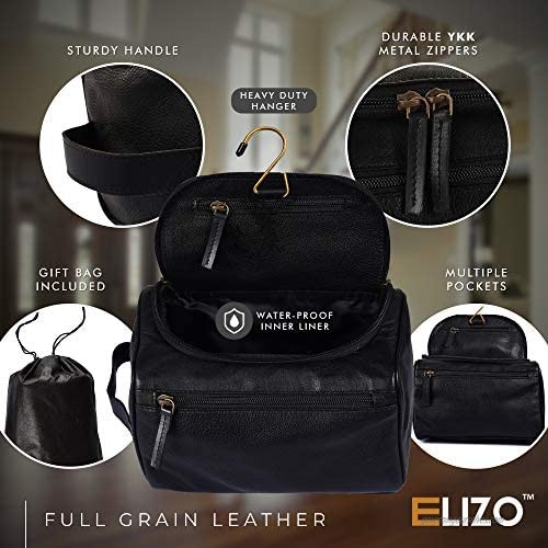 Elizo Leather Toiletry Bag for Men - Large Leather Cosmetic Bag - Mens Toiletry Bag for Travelling - Travel Toiletries Bags - Full Grain Leather Dopp kit - Black Hanging Toiletry Bag - 9 x 6 x 5.5