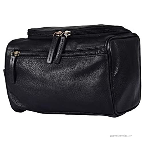 Elizo Leather Toiletry Bag for Men - Large Leather Cosmetic Bag - Mens Toiletry Bag for Travelling - Travel Toiletries Bags - Full Grain Leather Dopp kit - Black Hanging Toiletry Bag - 9 x 6 x 5.5