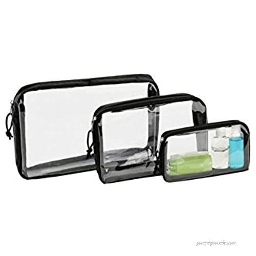 GForce 3 Piece Clear Travel Set  for Toiletries  Accessories  Cosmetic Organizer in Black  Small  Medium  Large