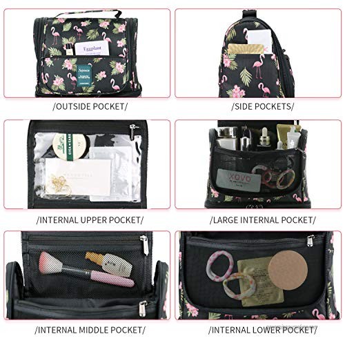 Hanging Toiletry Bag for Men Women Japoece Portable Waterproof Travel Toiletry Cosmetic Bathroom Shower Bags with Metal Hook Double Layer Large Capacity Durable(Black-Flamingo)