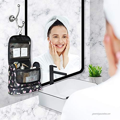 Hanging Toiletry Bag for Men Women Japoece Portable Waterproof Travel Toiletry Cosmetic Bathroom Shower Bags with Metal Hook Double Layer Large Capacity Durable(Black-Flamingo)