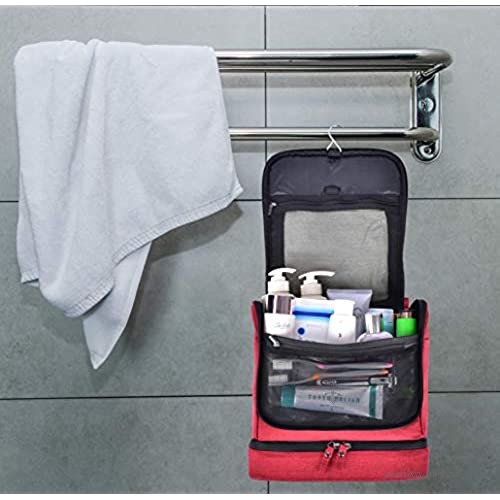 Hanging Travel Toiletry Bag for Men and Women Large Capacity Toiletries Organizer Bag Kit with 11 Compartments 3F Zipper Metal Hook Dry and Wet Separation Waterproof Nylon(Red)