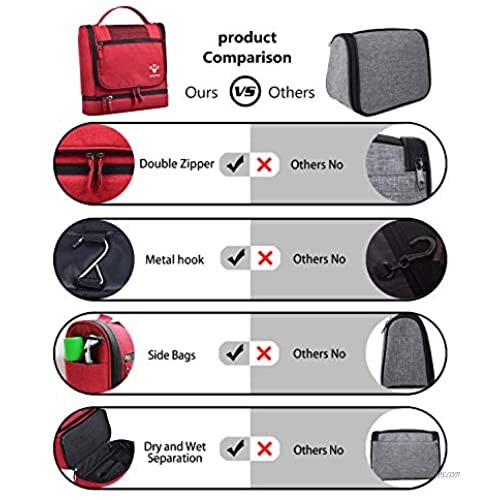 Hanging Travel Toiletry Bag for Men and Women Large Capacity Toiletries Organizer Bag Kit with 11 Compartments 3F Zipper Metal Hook Dry and Wet Separation Waterproof Nylon(Red)