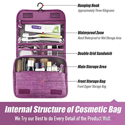 Hanging Travel Toiletry Bag Organizer Cosmetic Bag Portable Makeup Bag for Women & Men with Strong Hook & Pockets Shaving Kit Bag Waterproof Toiletries Storage Bag for Bathroom (purple）