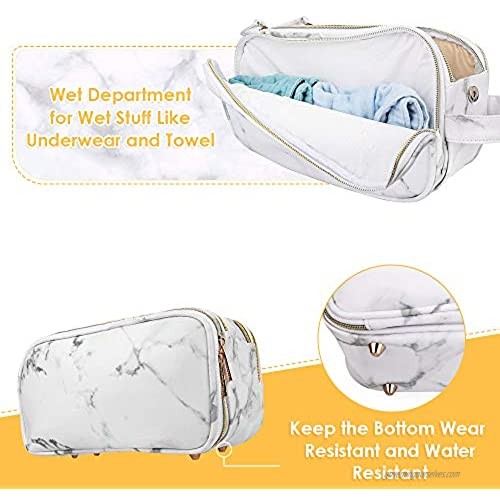 HomeChi Travel Toiletry Bag Toiletry Organizer Kit Portable Waterproof Cosmetics Bag Bathroom Shower Shaving Makeup Bag Marble PU Leather Dry Wet Depart Bags for Women Large Capacity Metal Pads