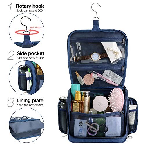 Japoece Toiletry Travel Bag Large Capacity Cosmetics Bags Hanging Shower Shaving Organizer with Hook for Men Women Portable Waterproof Toiletry Organizer Kit (Navy Blue-1)