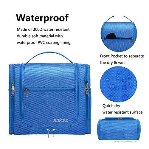 JINFIRE Premium Rotatable Hook Hanging Toiletry Bag for Women and Men Large Waterproof Travel Toiletries Organizer Kit Bathroom Shower Shaving Bag Blue