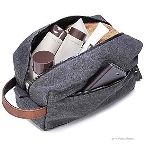 Lucky Rain Canvas Travel Toiletry Bag  Dopp Kits with Genuine Leather Handle