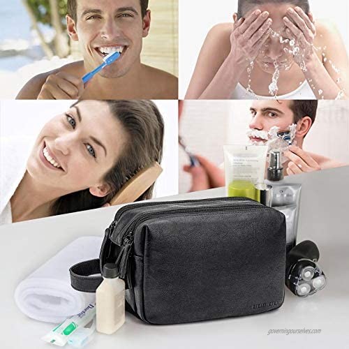 Toiletry Bag for Men PU Leather Travel Toiletry Organizer for Toiletries Water-resistant Travel Shaving Dopp Kit Wash Bag with Double Zippers for Cosmetics Makeup Brushes Shaving & Grooming Tools