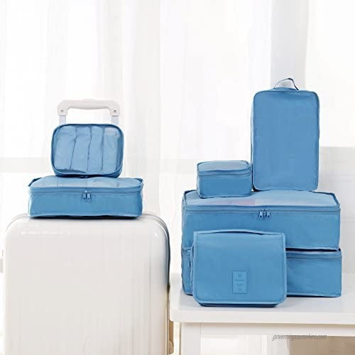 Travel Packing Cubes 7 Set JJ POWER Luggage Organizers with toiletry kit shoe bag (Sea Blue)