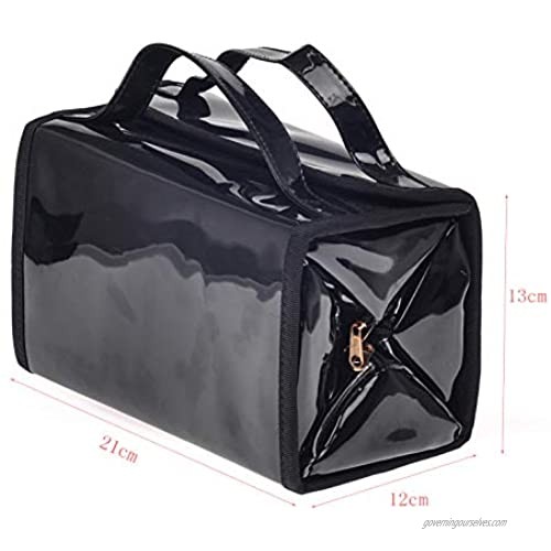 Waterproof Portable Hanging Roll-Up Black Patent Leather Travel Makeup Bag Cosmetic Case Bag Toiletry Kits Organizer with 4 Removable Storage Pouches