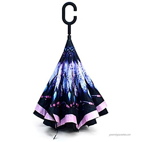 2-Pack Double Layer Inverted Umbrellas - Pink and Blue Feather C Shaped Handle Reverse Folding Windproof Umbrella for Men and Women