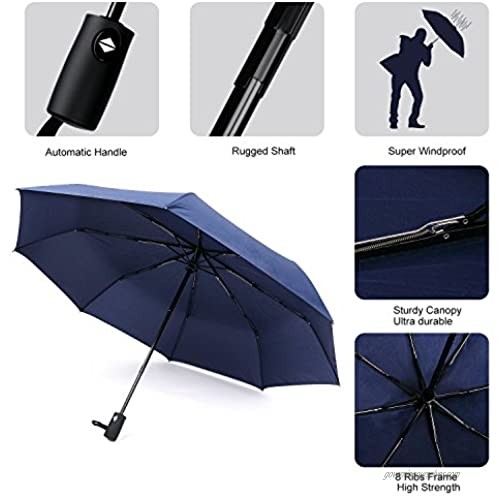 45 Inch Automatic Open Travel Umbrella/Windproof Waterproof 8 Ribs Super Strong Fast Drying Teflon Canopy Umbrella(Blue) BY FUELUS