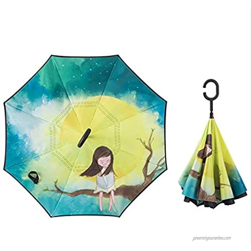 Ahua Double Layer Inverted Umbrellas for Rain Car Digital HD Printing Windproof Reverse Umbrellas  Anti-UV Straight Umbrellas with C-Shaped Handle for Women and Men (Night Sky and Girl)