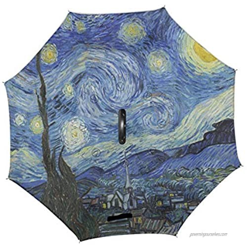 ALAZA Van Gogh Starry Night Art Windproof UV Proof Reverse Folding Umbrella Double Layer Travel Inverted Umbrella with C Shape Handle for Car Use