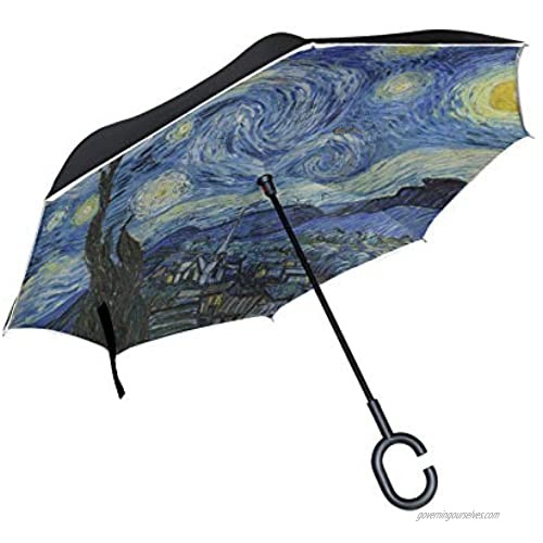ALAZA Van Gogh Starry Night Art Windproof UV Proof Reverse Folding Umbrella  Double Layer Travel Inverted Umbrella with C Shape Handle for Car Use
