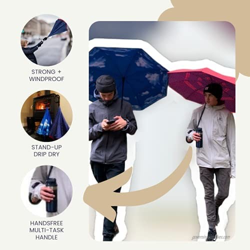 Automatic Reverse Two Way Windproof Umbrella with Hands-Free Multi-Task Handle for women men teens pre-teens with Polka Dot design