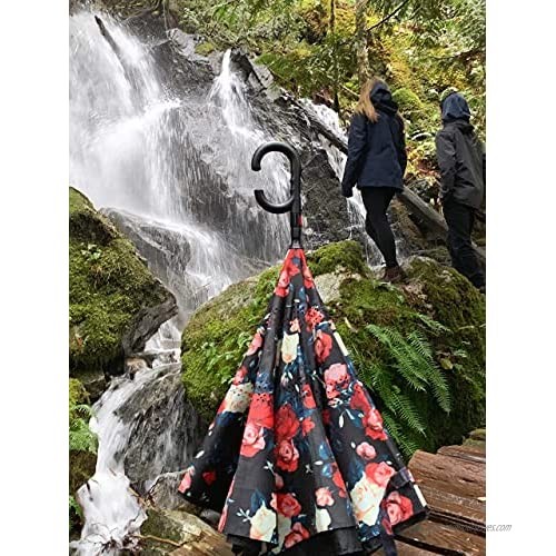 Automatic Reverse Two Way Windproof Umbrella with Hands-Free Multi-Task Handle for women men teens pre-teens in Rose Garden design