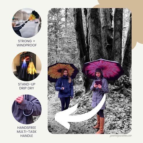 Automatic Reverse Two Way Windproof Umbrella with Hands-Free Multi-Task Handle for women men teens pre-teens in Sunflower design