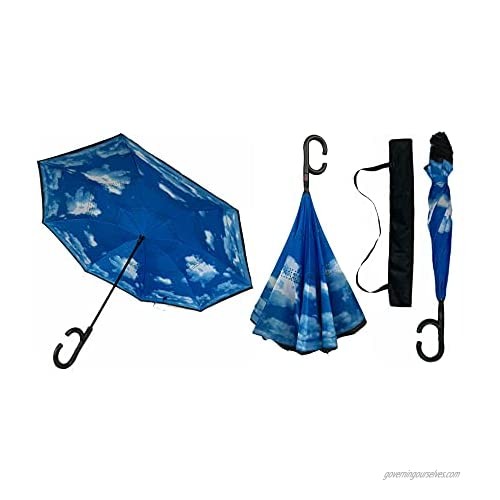 Automatic Reverse Two Way Windproof Umbrella with Hands-Free Multi-Task Handle for women men teens pre-teens in Blue Sky design