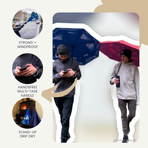 Automatic Reverse Two Way Windproof Umbrella with Hands-Free Multi-Task Handle for women men teens pre-teens in Blue Sky design