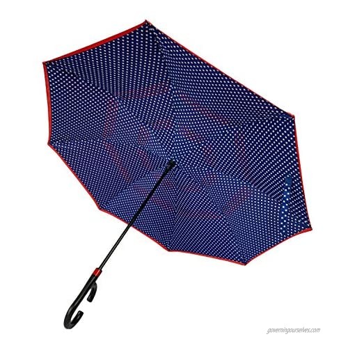 Automatic Reverse Two Way Windproof Umbrella with Hands-Free Multi-Task Handle for women  men  teens  pre-teens with Polka Dot design