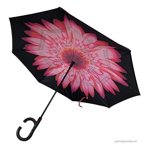 Automatic Reverse Two Way Windproof Umbrella with Hands-Free Multi-Task Handle for women  men  teens  pre-teens in Pink Gerber design