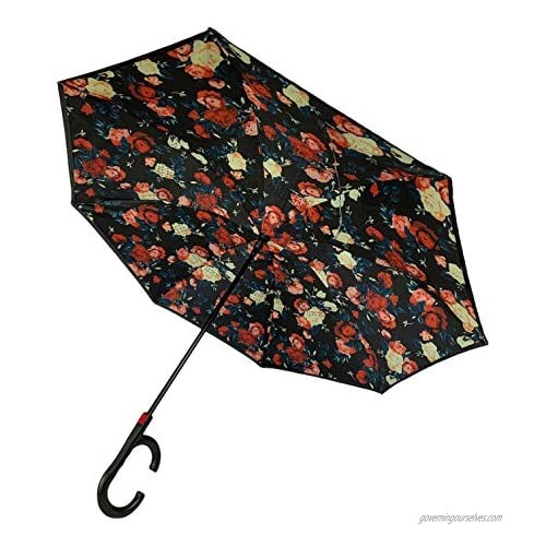 Automatic Reverse Two Way Windproof Umbrella with Hands-Free Multi-Task Handle for women  men  teens  pre-teens in Rose Garden design