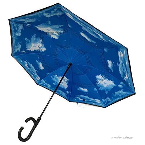 Automatic Reverse Two Way Windproof Umbrella with Hands-Free Multi-Task Handle for women  men  teens  pre-teens in Blue Sky design