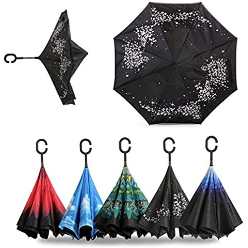 Double Layer Inside Out Folding Umbrella - Big Straight Umbrella for Car Rain Outdoor with C-Shaped Handle - UV Protection For Men and Women with Straight