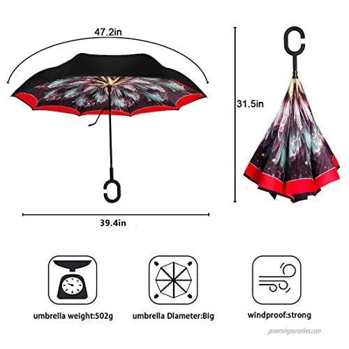 Dream Catcher Reverse Umbrella -Automatic Open Double Layer Inverted Umbrella Cars with C-Shaped Handle Self Standing to Spare Hands Best for Travelling and Car Use Red