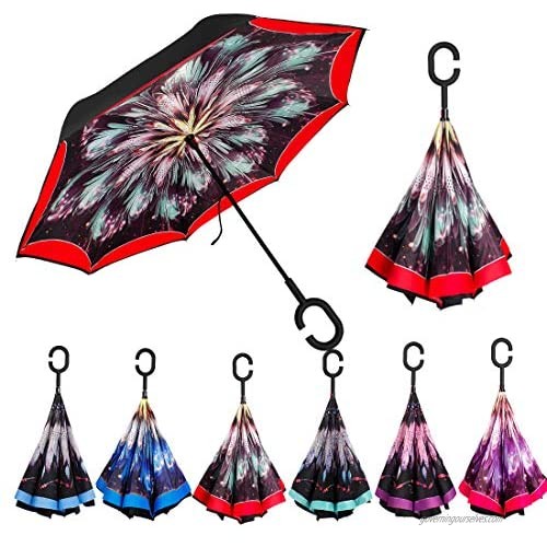 Dream Catcher Reverse Umbrella -Automatic Open Double Layer Inverted Umbrella Cars with C-Shaped Handle Self Standing to Spare Hands  Best for Travelling and Car Use Red