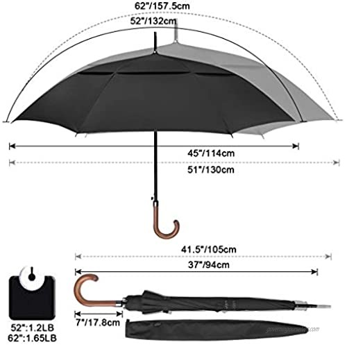 G4Free 52/62inch Wooden J Handle Golf Umbrella Windproof UV Protection Classic Stick Wedding Cane Umbrellas Auto Open Cane Hook Handle