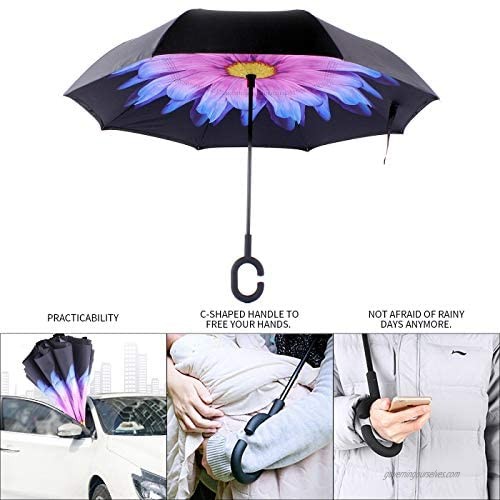 Infleor Reverse Umbrella Windproof Inverted Umbrella with C-Shaped Handle Hands Free Car Umbrella by UV Protection