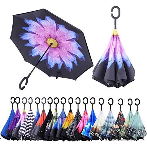 Infleor Reverse Umbrella  Windproof Inverted Umbrella with C-Shaped Handle  Hands Free Car Umbrella by UV Protection