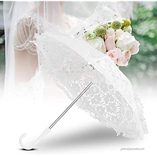Junluck Umbrella Props J-Handle Umbrella Lace Embroidery Stage Performance for Party Gift Wedding Decor(51239 White)