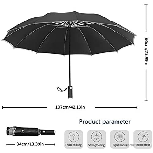 MingYuHui LED Reverse Business Umbrella Windproof Travel Umbrella Fully Automatic Folding Umbrella 12 Ribs Portable Reverse Umbrella LED+Reflective Strip (Black)