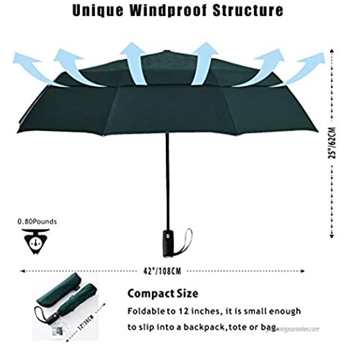 RECHAR Windproof Large Travel Umbrella 一 52/42 inchtwo size Automatic Unbreakable Umbrella Men&Women Totes Umbrella (Green-42inch)