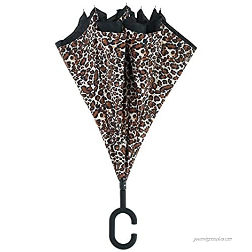 ShedRain Women's UnbelievaBrella Reverse Closing Leopard Print Stick Umbrella