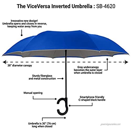 StrombergBrand ViceVersa (Reversible Umbrella with C Handle) Hands Free Umbrella For Women and Men Inverted Umbrella Windproof - Self Standing Umbrella Royal Blue Two-Tone Reverse Umbrella