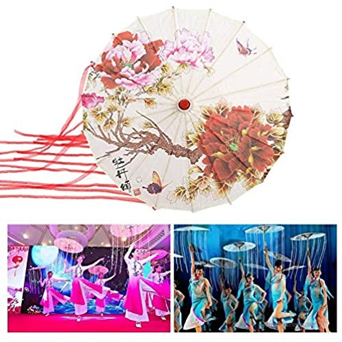 TOPINCN Oiled Paper Umbrella with Ribbon Art Decor Handmade Vintage Paper Stick Parasol for Photo Dance Perform Wedding Prop(Red)