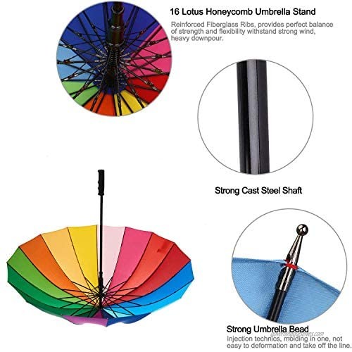 Variety To Go Rainbow Umbrella Rainbow Umbrella Large Compact Windproof Auto Open 16K Rainbow Umbrella for Kids Girls Women Men (Straight Handle)