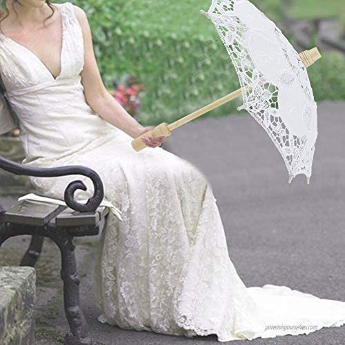 White/Beige Wedding Lace Umbrella Lace Umbrella + Wooden Handle Craft Umbrella Bridal Umbrella Lace Cotton Embroidery Handmade Parasol Umbrella Wedding Supply(White)